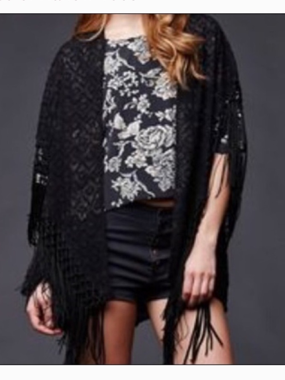 House of Harlow 1960 Black Fringe Crochet Geometric Kimono